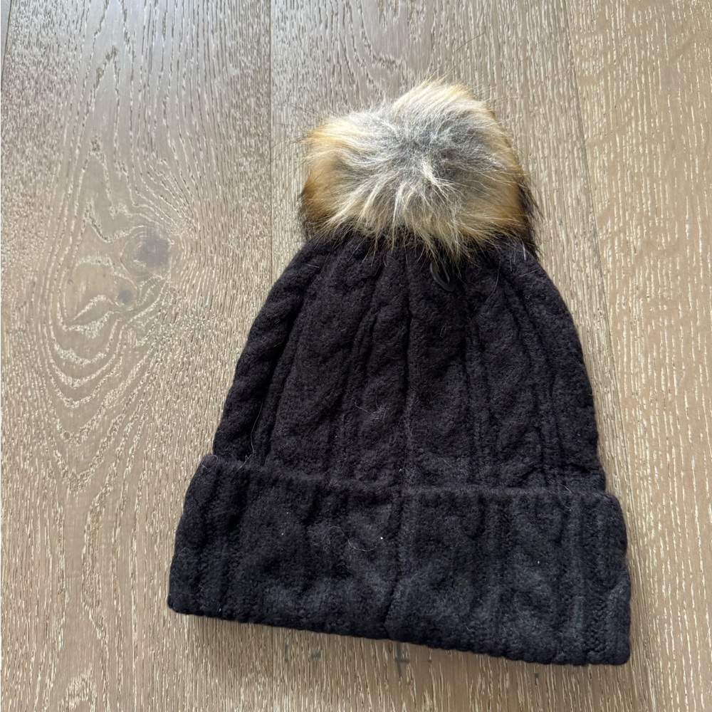 Marcus Adler Black Cable Knit Pom Beanie with Faux Fur Pom
